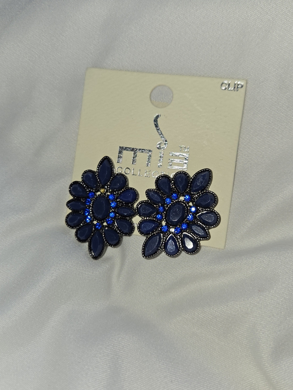 MIA COLLECTION Navy Floral Clip-On Earrings with Blue Accents
